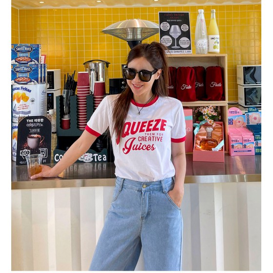 00是日推介-拼色邊印花上衣♡